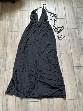 Black Halter Maxi Dress with Deep V Neck